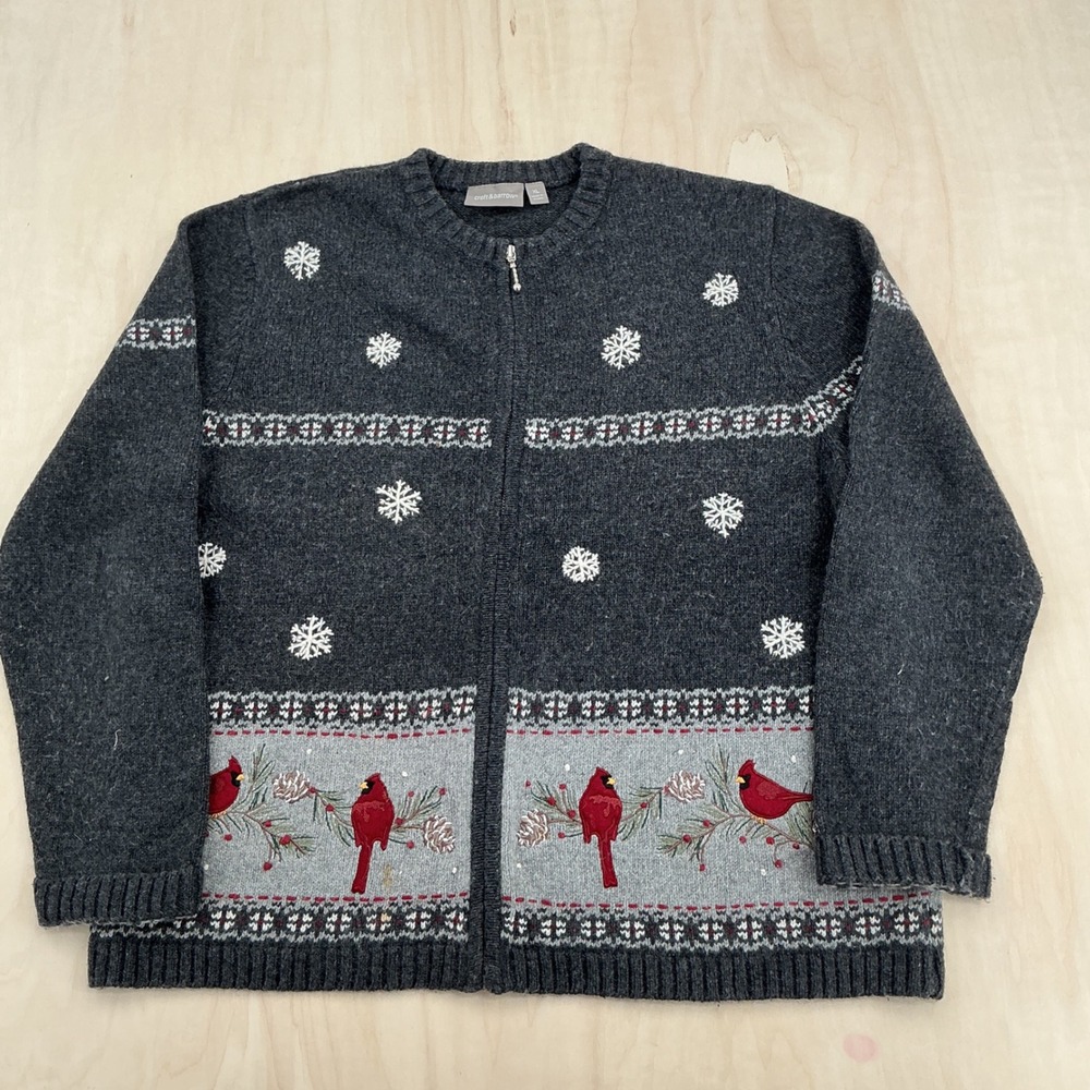 Vintage Croft & Barrow Cardinal Snowflake Cardigan XL Grey Zip Up Winter Sweater